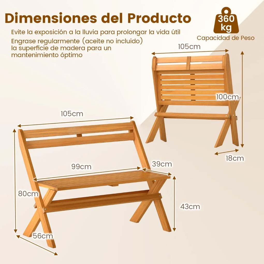 Banco jardim dobrável para exterior 56 x 105 x 80 cm em madeira de acácia para 2 pessoas, capacidade de 360 kg, para varanda, terraço, jardim ou parqu