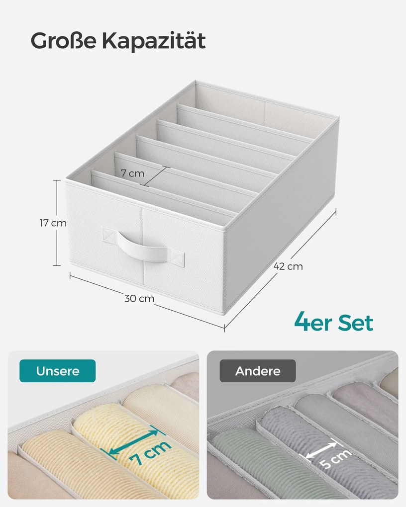 Conjunto de 4 dobráveis Caixas 42 x 30 x 17 cm Organizadoras de roupeiros 6 compartimentos Brancas