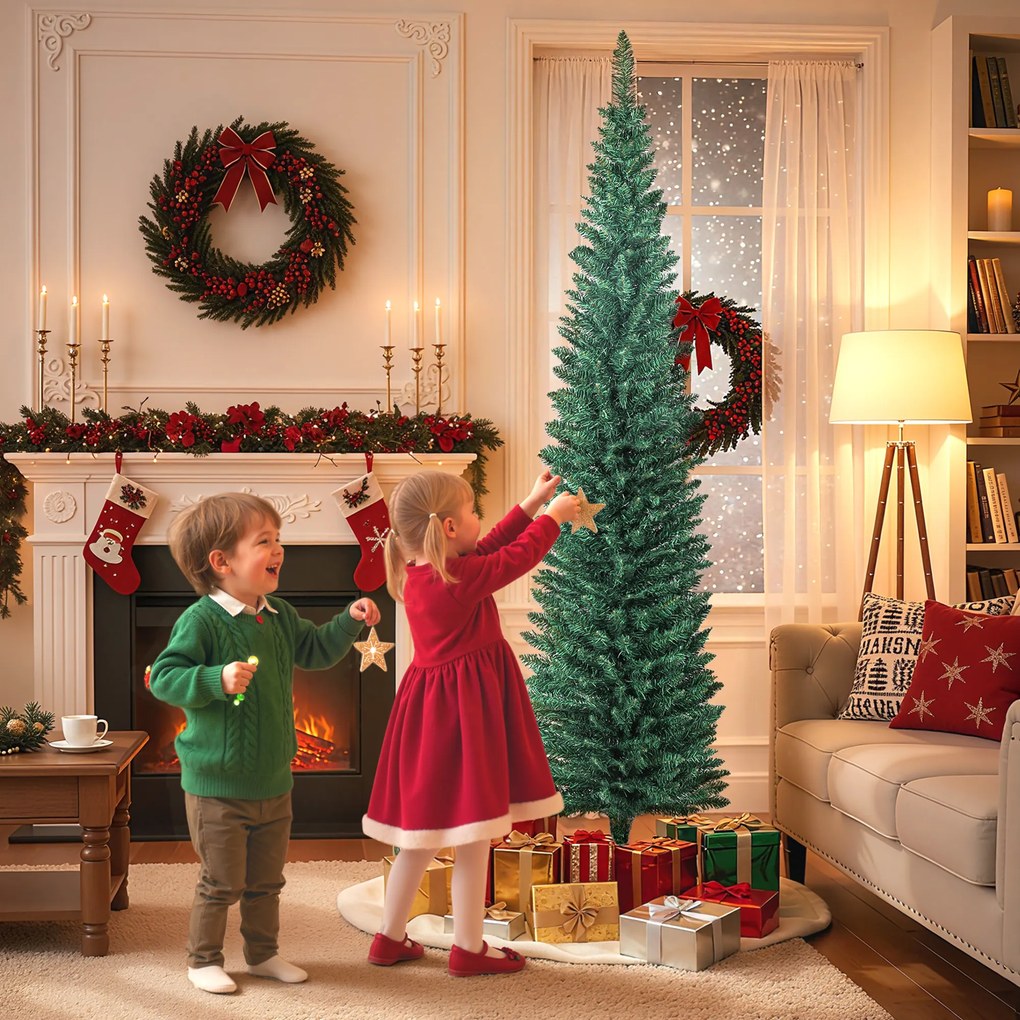 Árvore de Natal Slim 210 cm Árvore de Natal Artificial com 401 Ramos Suporte Metálico Decoração para Interior Verde