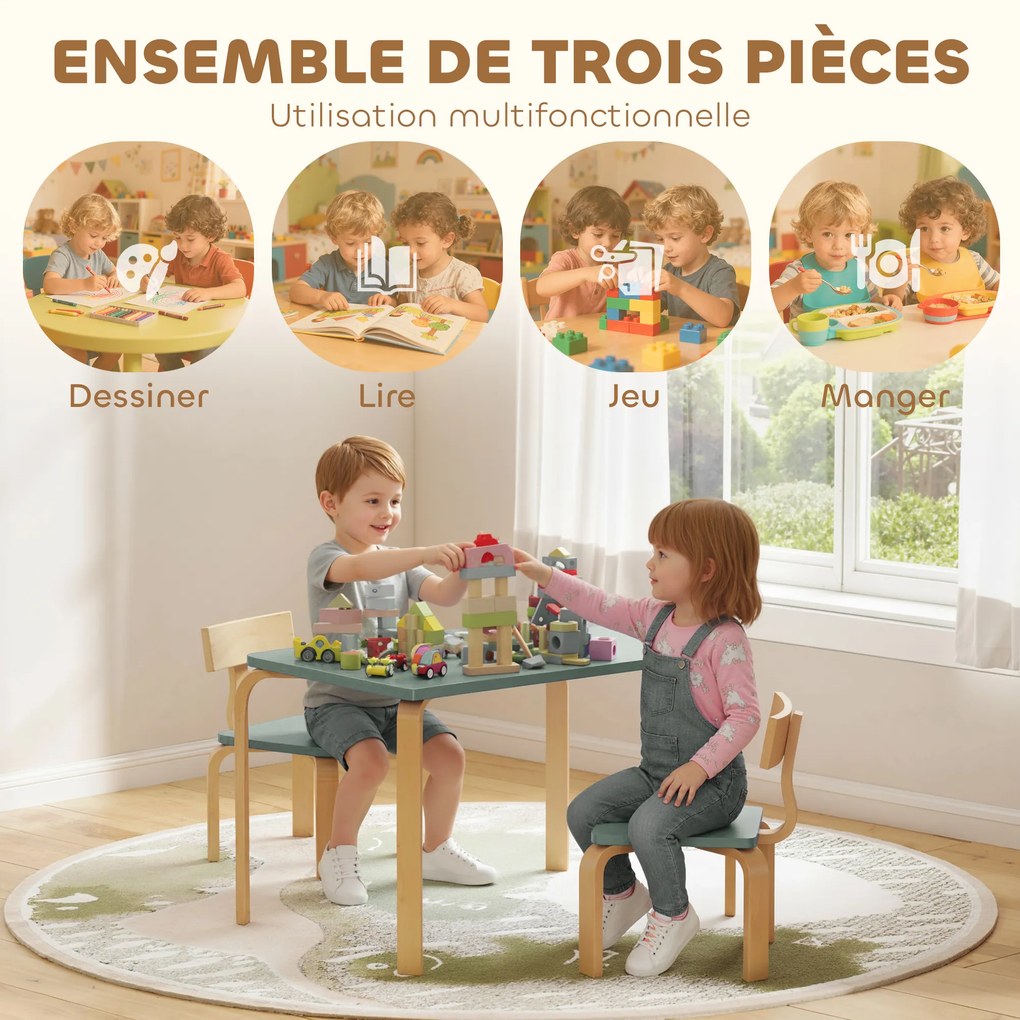 Mesa infantil com cadeiras, conjunto composto por uma mesa e duas cadeiras infantis de madeira para desenhar, brincar e estudar, 78 x 53 x 53 cm, verd