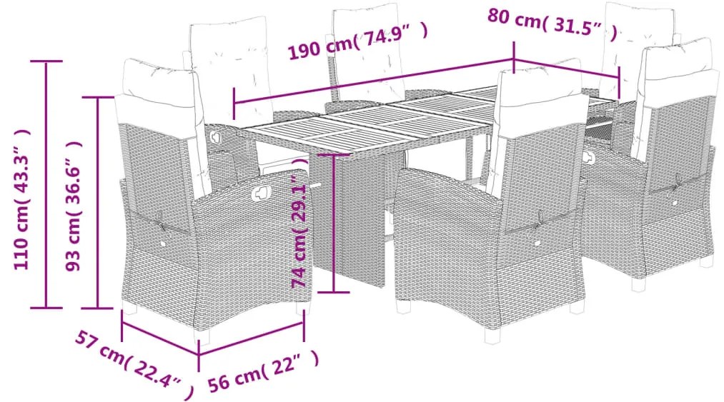 7 pcs conjunto de jantar p/ jardim c/ almofadões vime PE preto