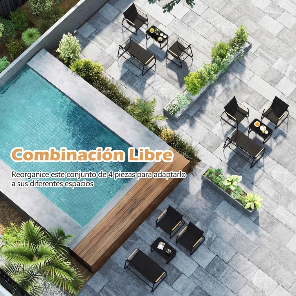 Conjunto de jardim de 4 peças, com almofadas, mesa de vidro temperado e cadeiras de jardim para alpendre, varanda ou jardim com almofadas Cinza