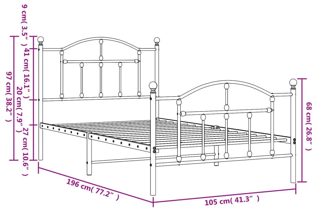 Estrutura de cama com cabeceira e pés 100x190 cm metal branco