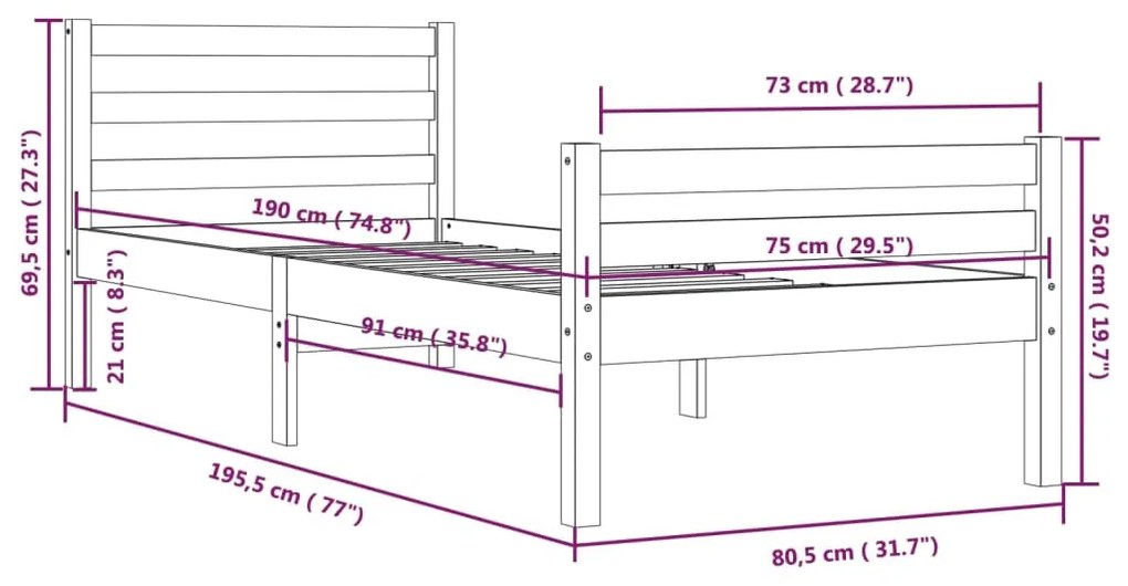 Estrutura de cama pequena solteiro 75x190 cm madeira maciça