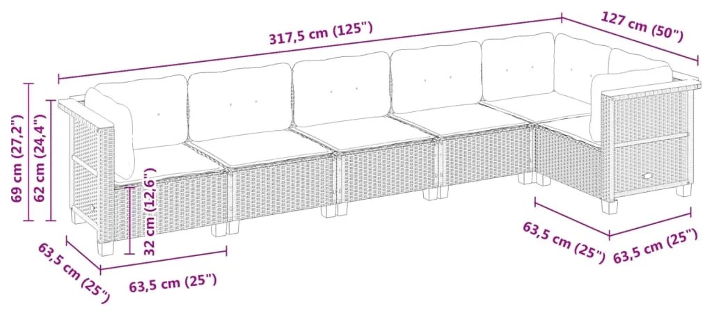 6 pcs conjunto de sofás p/ jardim com almofadões vime PE bege