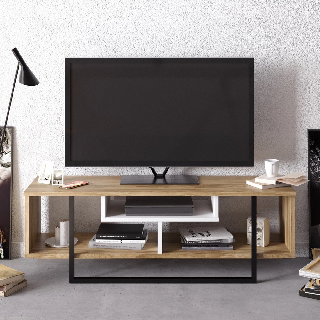 Móvel para TV Asal – Branco/Preto/Carvalho – 119,4 x 40,2 x 35,2 cm