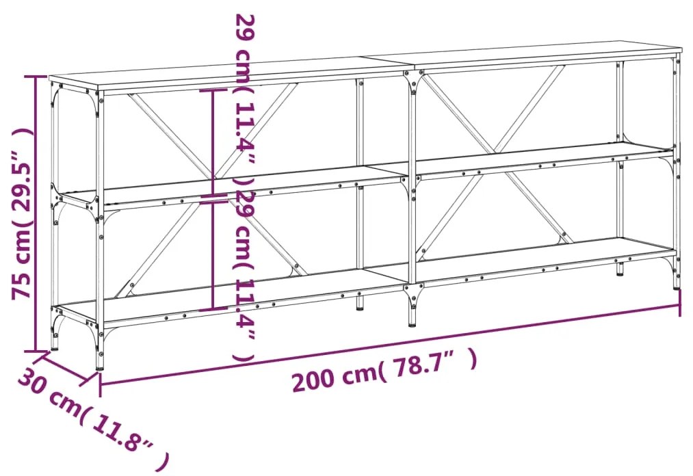 Mesa consola 200x30x75 cm derivados de madeira e ferro preto