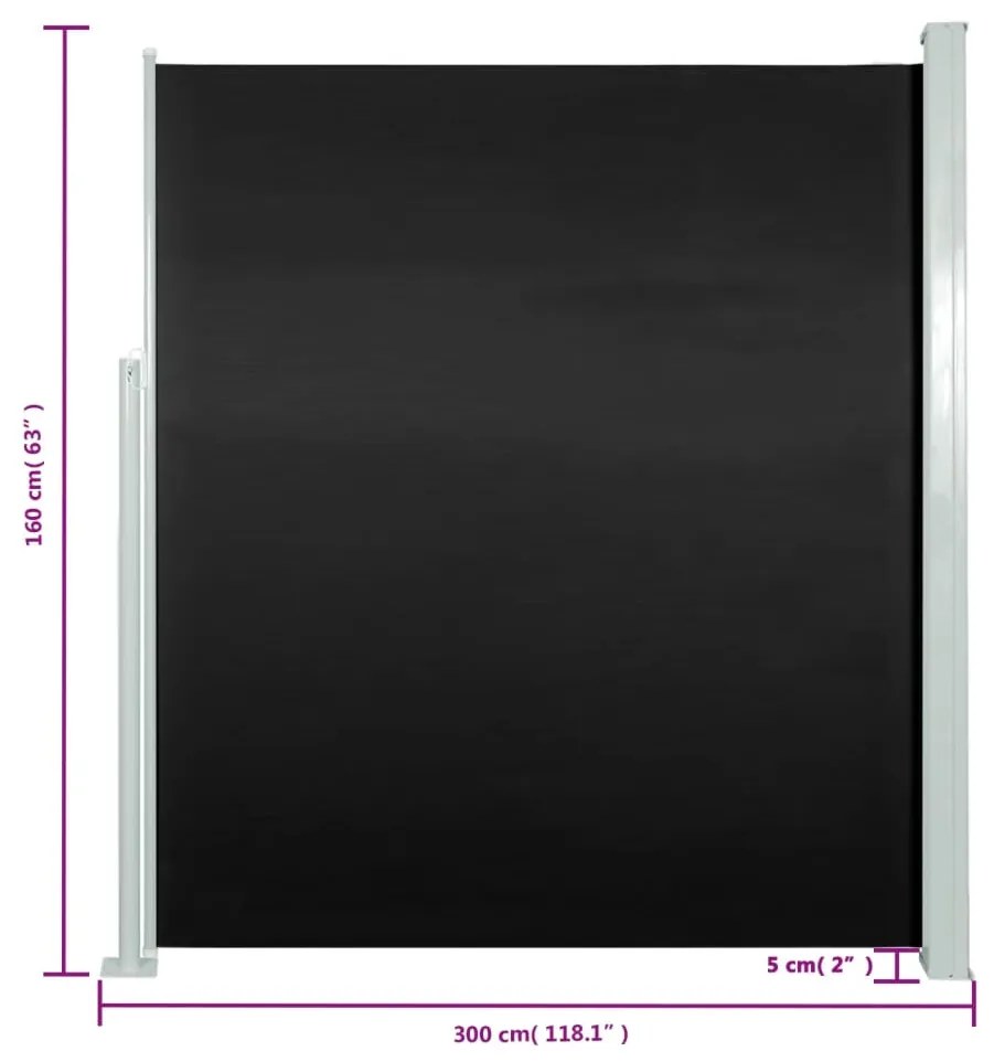 Toldo lateral retrátil para pátio 160x300 cm preto
