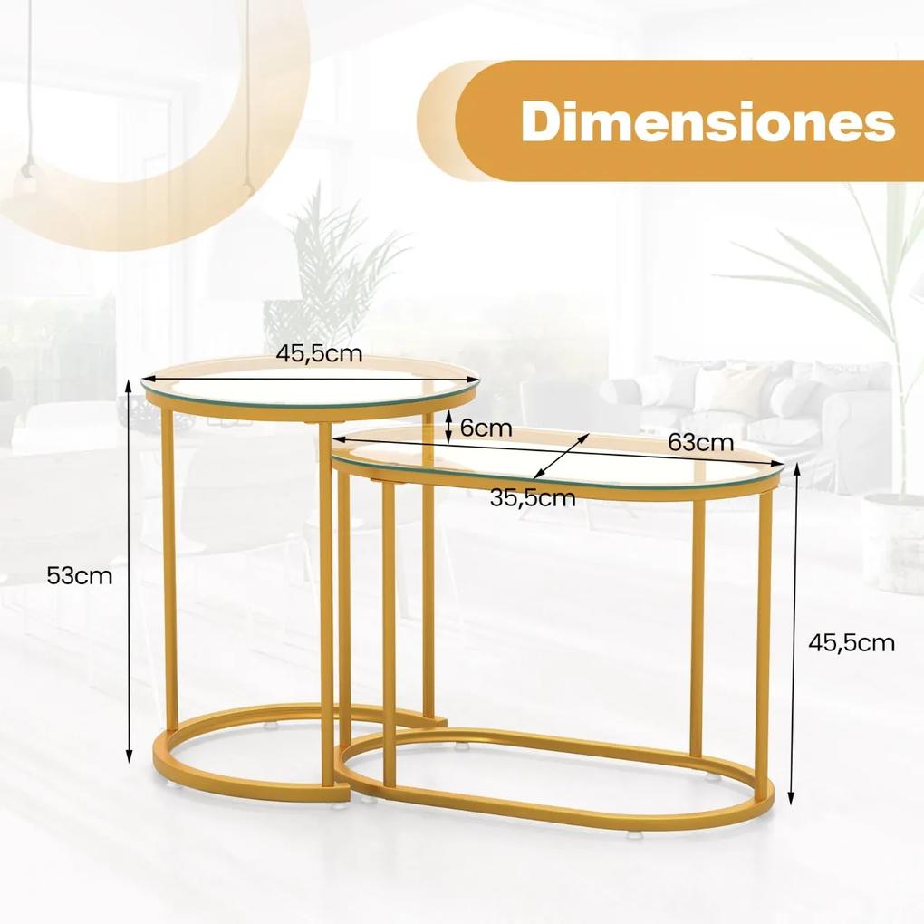 Conjunto de 2 mesas de centro com tampo de vidro temperado Mesas de apoio com estrutura metálica robusta para a sala de estar Quarto Dourado