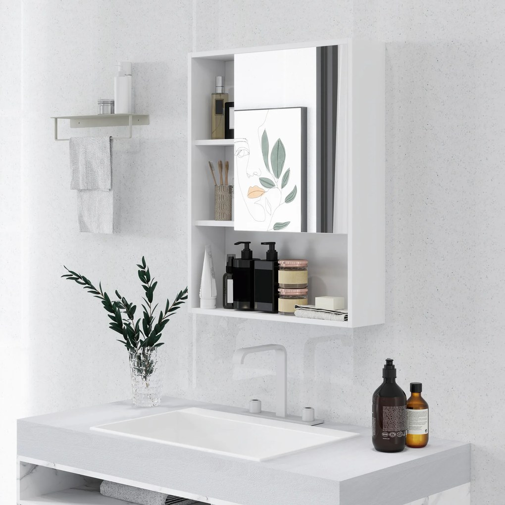 Armário de parede para casa de banho com espelho 60 x 15 x 76 cm, móvel de casa de banho, 5 compartimentos e prateleira ajustável, branco