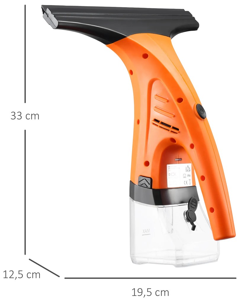 HOMCOM Limpa Vidros Elétrico 2 em 1 Aspirador Limpador de Vidros com Depósito de Água 300ml e Ponta de Borracha Inclui Pulverizador 19,5x12,5x33cm Laranja