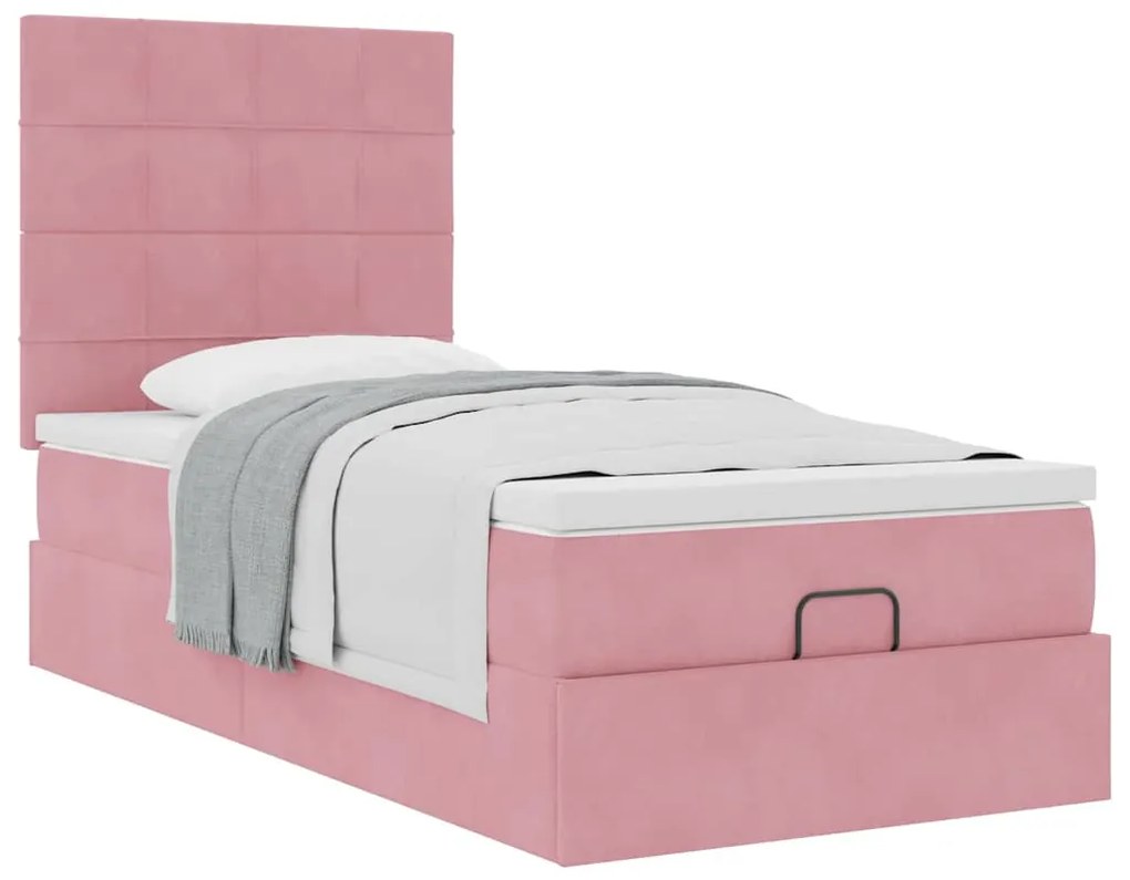 Estrutura de cama otomana com colchões rosa 90x200cm veludo