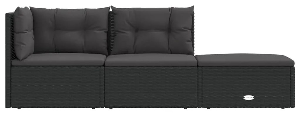 3 pcs conjunto lounge de jardim c/ almofadões vime PE preto