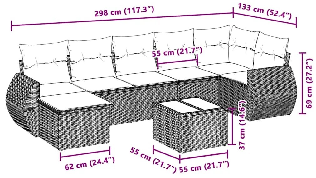 8 pcs conj. sofás jardim c/ almofadões vime PE cinzento-claro