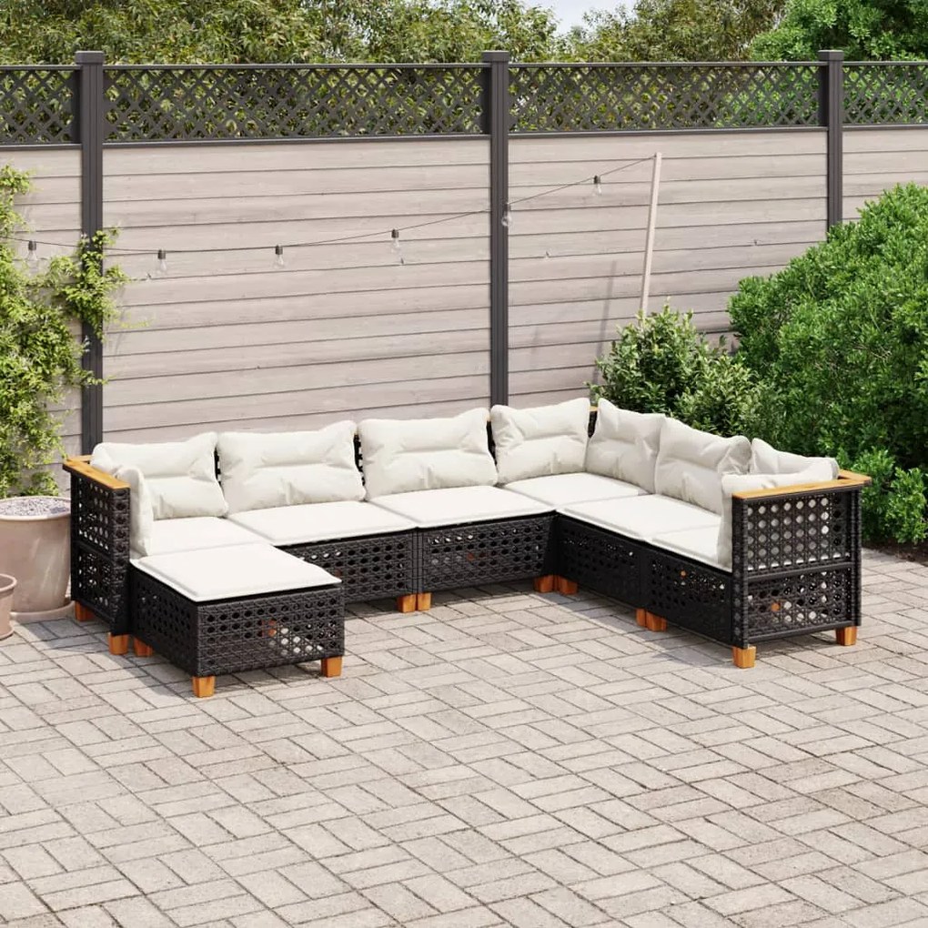 7 pcs conjunto de sofás p/ jardim c/ almofadões vime PE preto