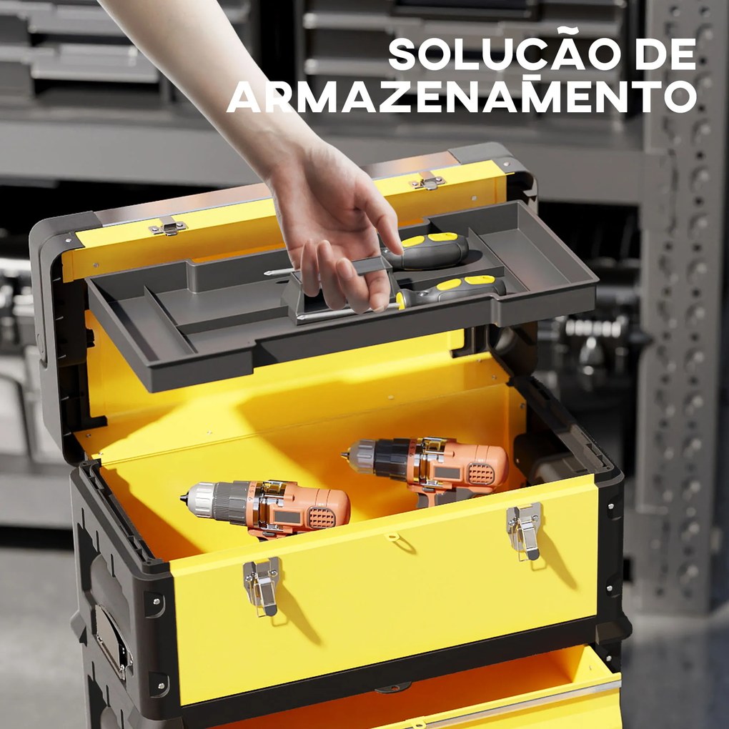 Caixa de Ferramentas Empilhável 3 em 1 Caixa de Ferramentas com Rodas Carro de Ferramentas de Aço 52x32x72 cm Amarelo e Preto