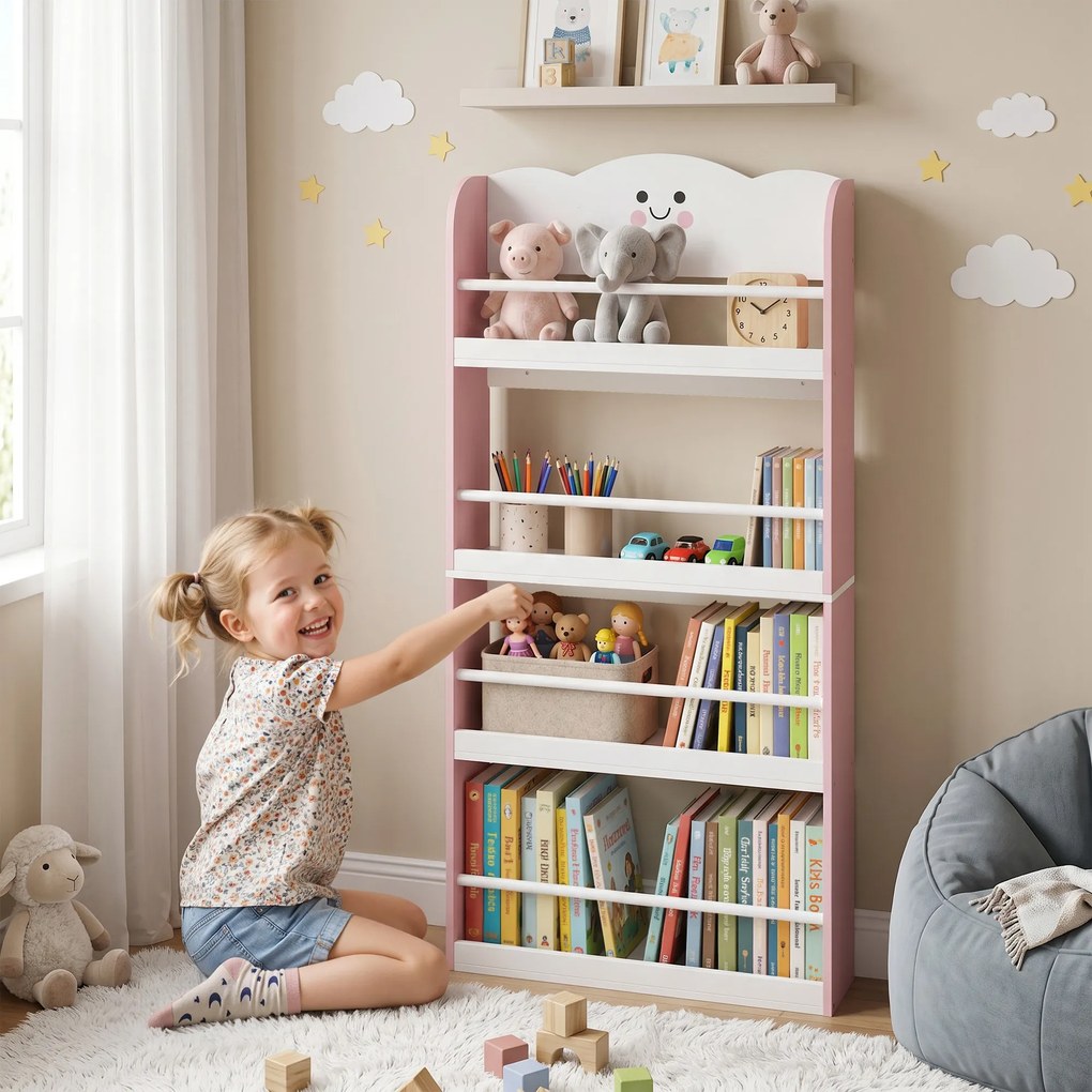 Estante de parede para crianças 60 x 12 x 108 cm, organizador de livros infantil de 4 níveis com tema de algodão doce, rosa
