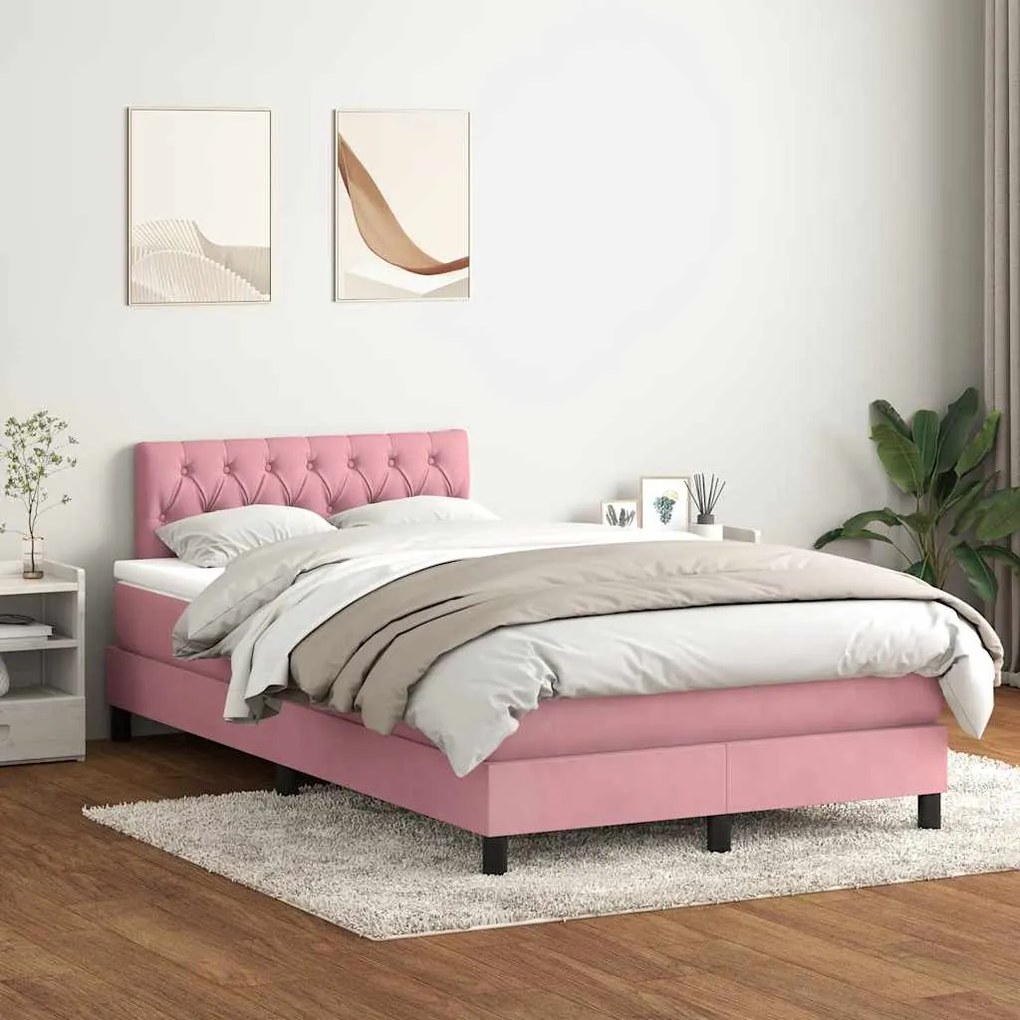 vidaXL Cama box spring c/ colchão e LED 120x210 cm veludo Rosa