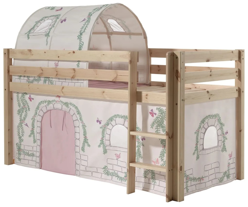 Conjunto Cama alta de Criança PINO 90 x 200 cm + estrado + escada + cortina + túnel Passaros Natural