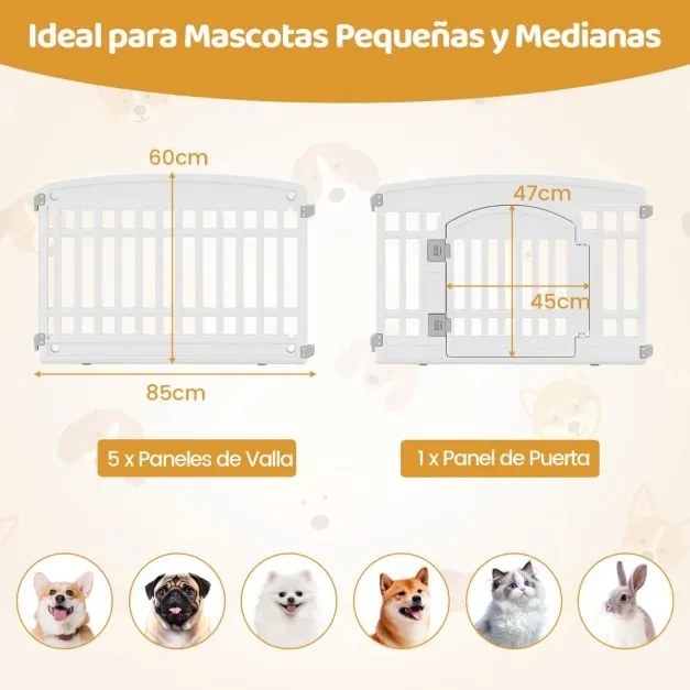 Parque para animais de estimação com 6 painéis e porta com fecho de segurança Ideal para cães pequenos e médios Interior e exterior Branco