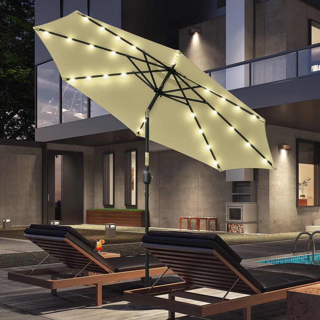 Outsunny Chapéu de Sol com 32 Luzes LED Solares Ø265x233cm Chapéu de Sol Inclinável com Manivela e Mastro de Aço para Terraço Pátio Exterior Bege