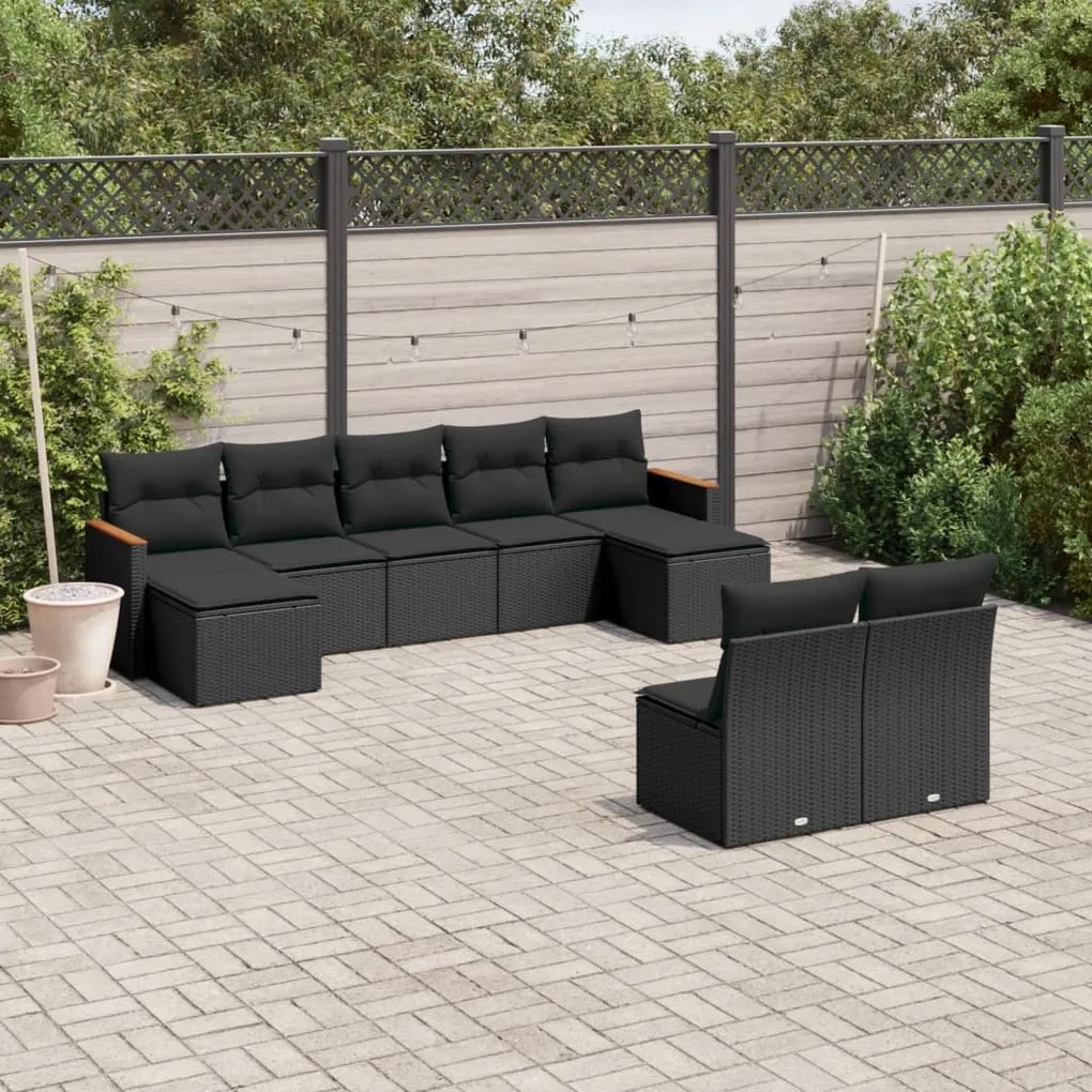 9 pcs conjunto de sofás p/ jardim c/ almofadões vime PE preto