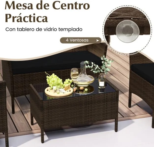 Conjunto de jardim, 4 peças: mobiliário de exterior com cadeira, sofá de 2 lugares e mesa de vidro temperado Castanho misto e almofadas pretas