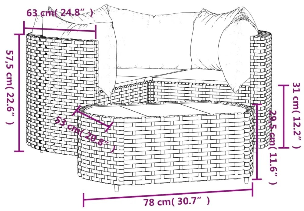 4 pcs conjunto lounge jardim c/ almofadões vime PE castanho