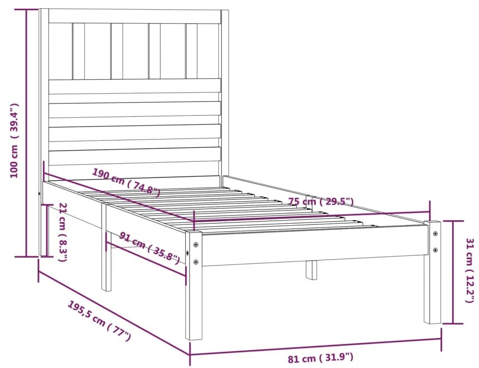 Cama sem colchão 75x190 cm madeira de pinho maciça branco