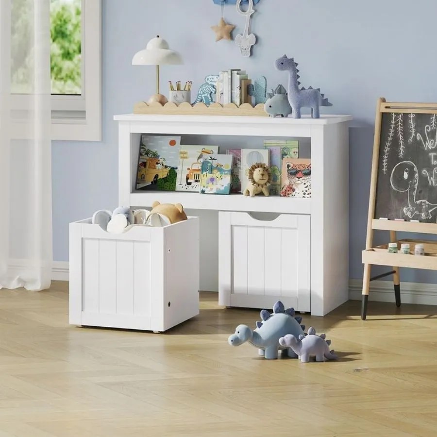Estante infantil 29,7 x 72,2 x 60 cm com rodas para uma arrumação organizada dos brinquedos, em branco