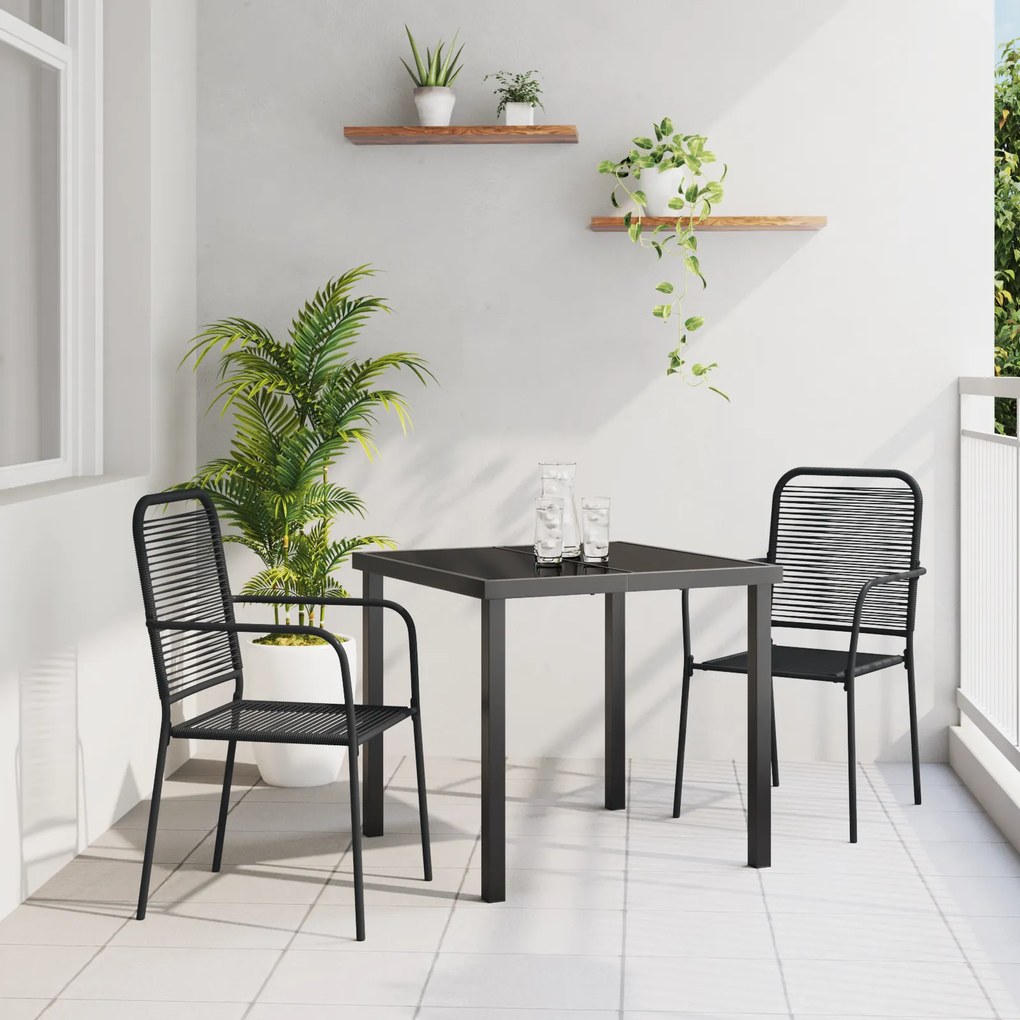 vidaXL Conjunto de Jantar de Jardim 3 Peças Preto Cordão de Algodão e Aço