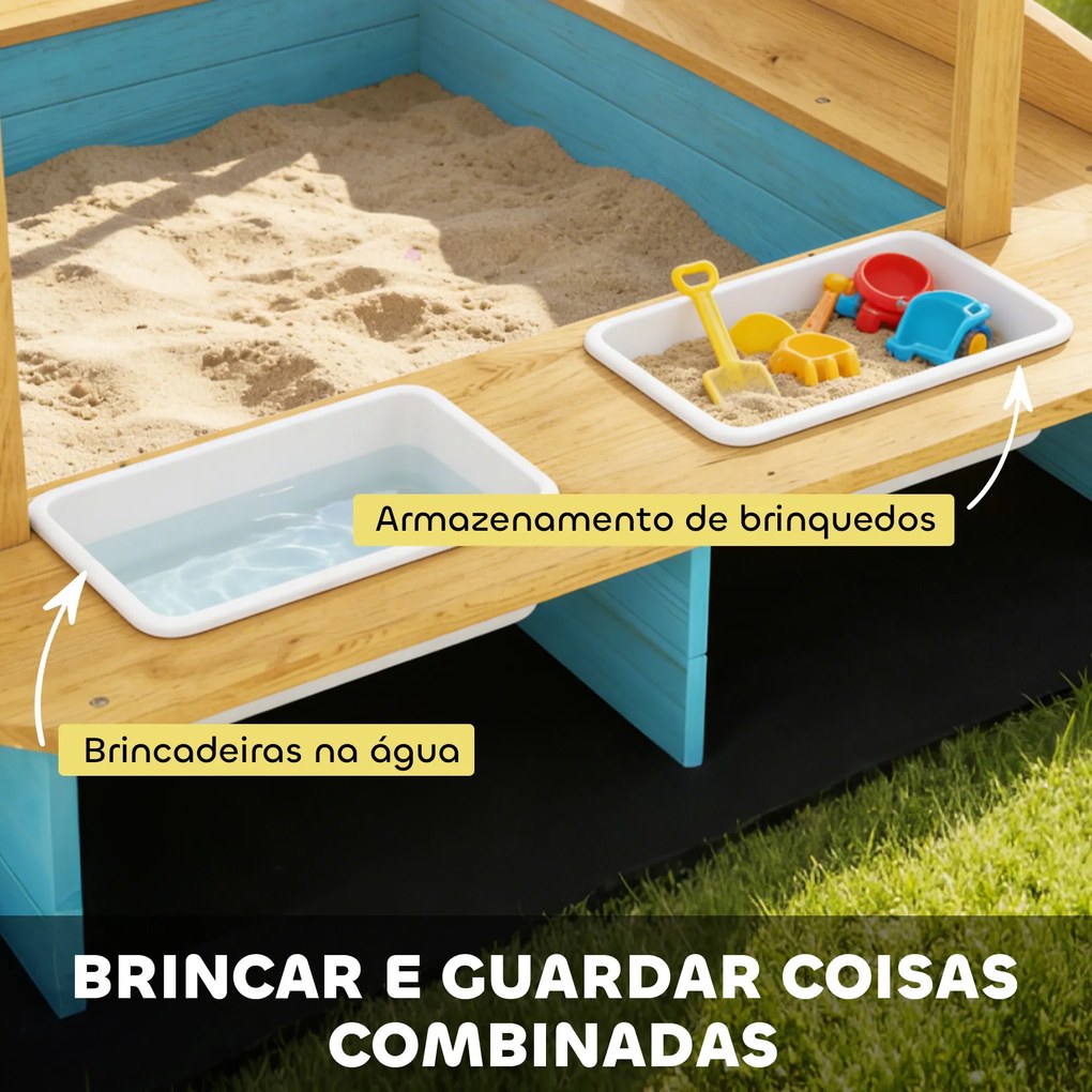 Caixa de Areia Infantil de Madeira com 2 Caixas de PP Caixa de Areia para Crianças de 3-6 Anos 128x118x121 cm Azul e Madeira