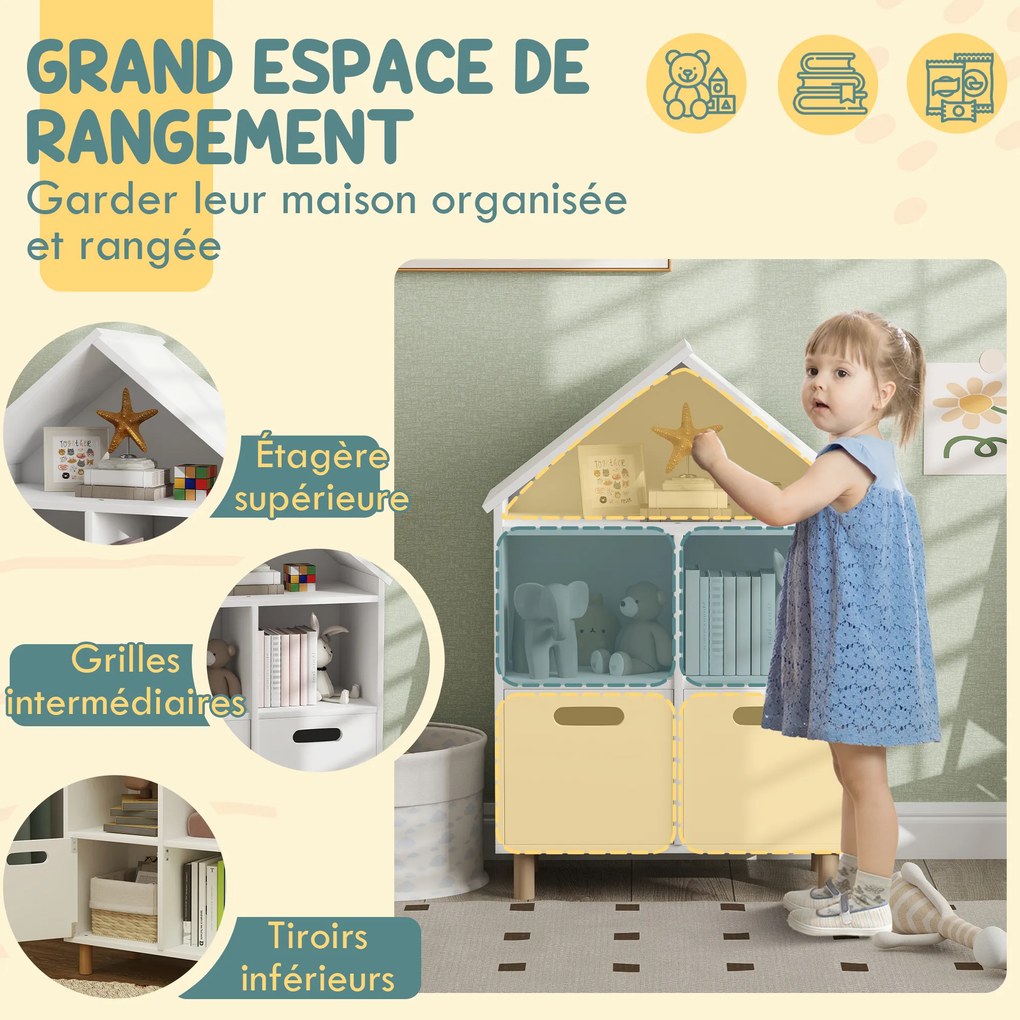 Estante infantil, móvel de arrumação para crianças 63,7 x 29,7 x 89 cm com 3 níveis e duas gavetas, em forma de casa branca