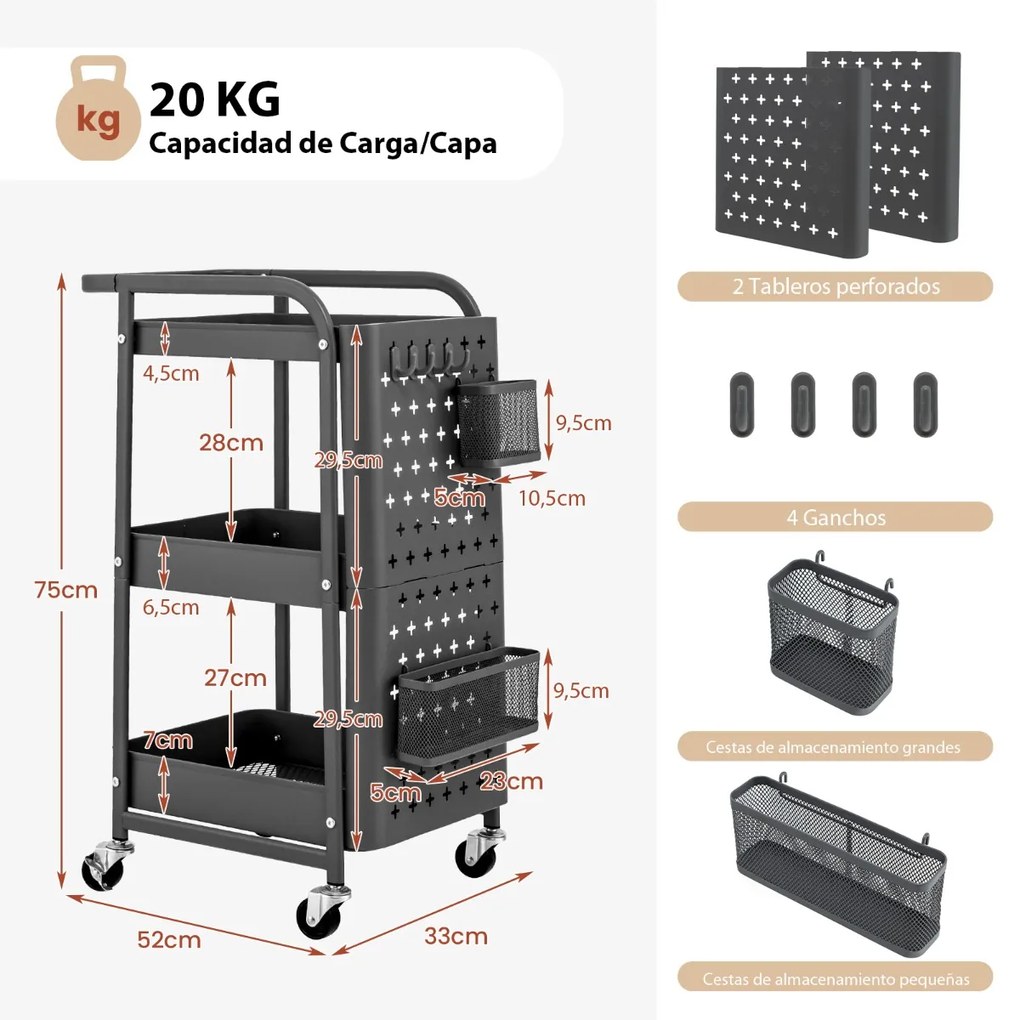 Carrinho giratório de 3 camadas com placa dupla de madeira para DIY 2 cestas e 4 ganchos 52 x 33 x 75 cm para cozinha e escritório Cinzento