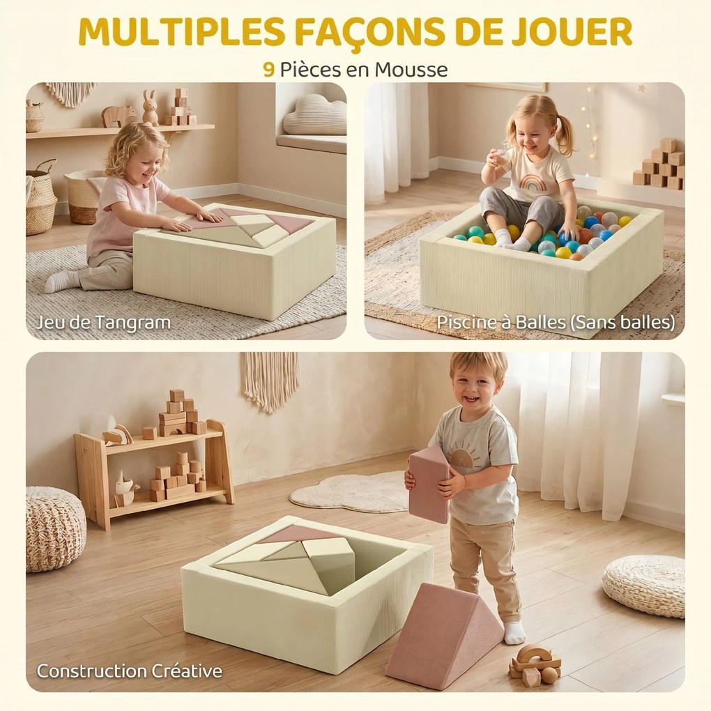 Circuito de motricidade para bebés, 9 peças, com piscina de bolas (BOLAS NÃO INCLUIDAS), módulo em espuma macia com capa em veludo canelado, multicolo