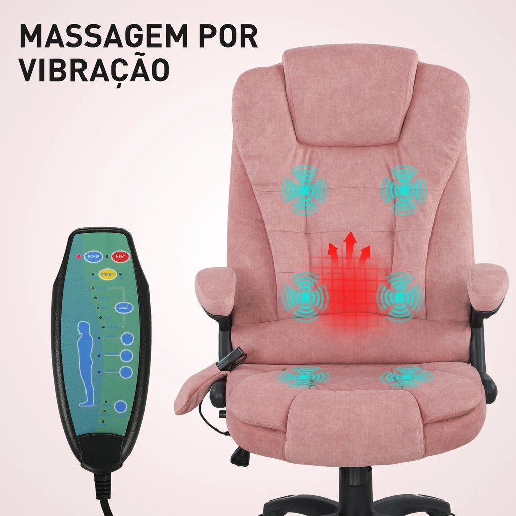 Cadeira de Escritório com 6 Pontos de Massagem Reclinável até 130° com Função de Aquecimento 65x71x110-120 cm Rosa