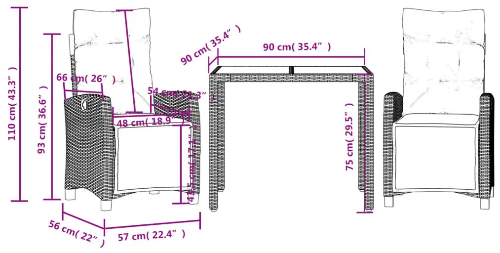 3 pcs conjunto de jantar p/ jardim c/ almofadões vime PE cinza