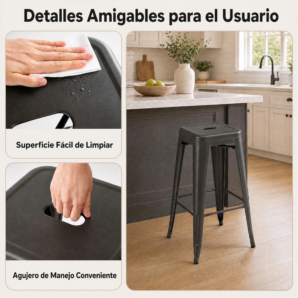 Conjunto de 4 Bancos de Bar (MESA NÃO INCLUIDA), 41 x 41 x 76 cm, Empilháveis, Cinzento