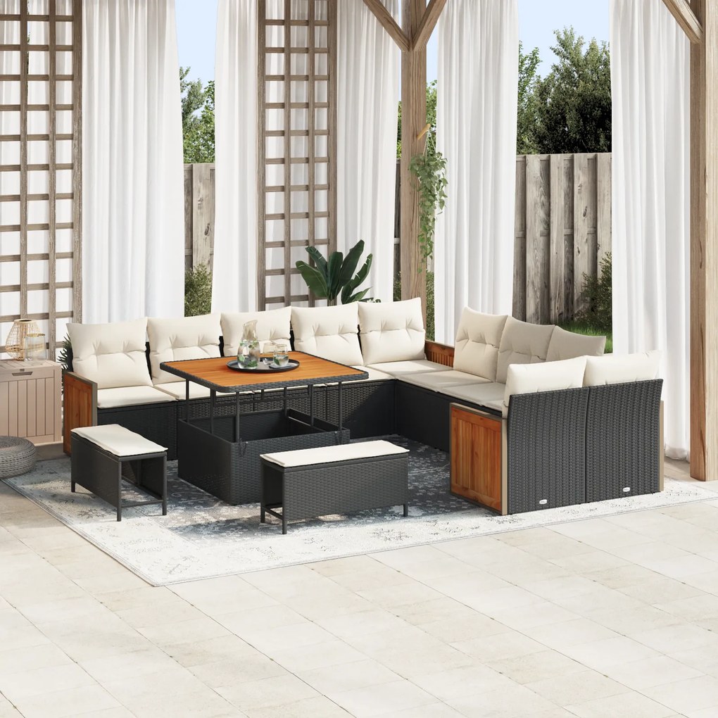 Conjunto de Sofa de Jardim 13 Peças com Almofadas Preto Rattan Poliéster Acácia
