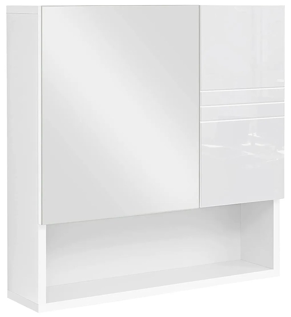 VASAGLE BBK122W01 Armário espelhado, armário de banheiro com prateleiras ajustáveis ​​em altura, porta e painel superior com superfície de alto brilho, banheiro, 54 x 15 x 55 cm, branco