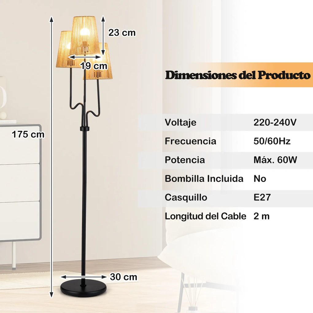 Candeeiro de pé com 3 luzes e 3 abajures de papel tecido estilo boho, base pesada, interruptor no pé, lâmpadas E27 não incluídas Preto