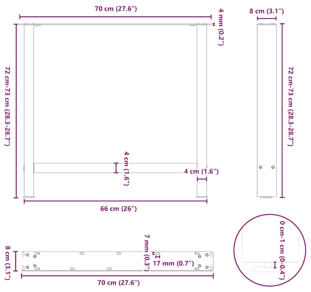 Pés para mesa de jantar em aço natural, 2 peças, 70x(72-73) cm, aço