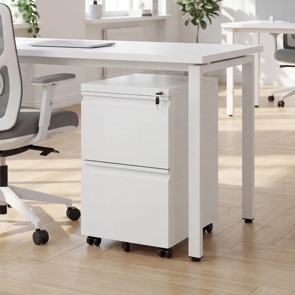 Armário de arquivo escritório móvel com 2 gavetas 44 x 37 x 67 cm, fechadura e 5 rodas, em metal, para arquivos de tamanho Carta, A4 e Legal, para esc
