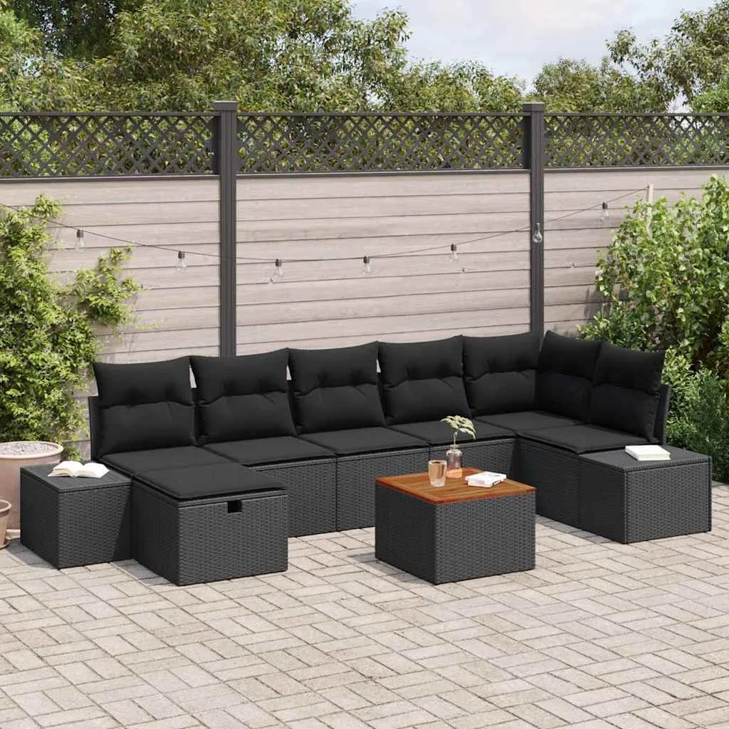 vidaXL Conjunto de Sofá de Jardim com almofada 8 pcs Preto vime PE