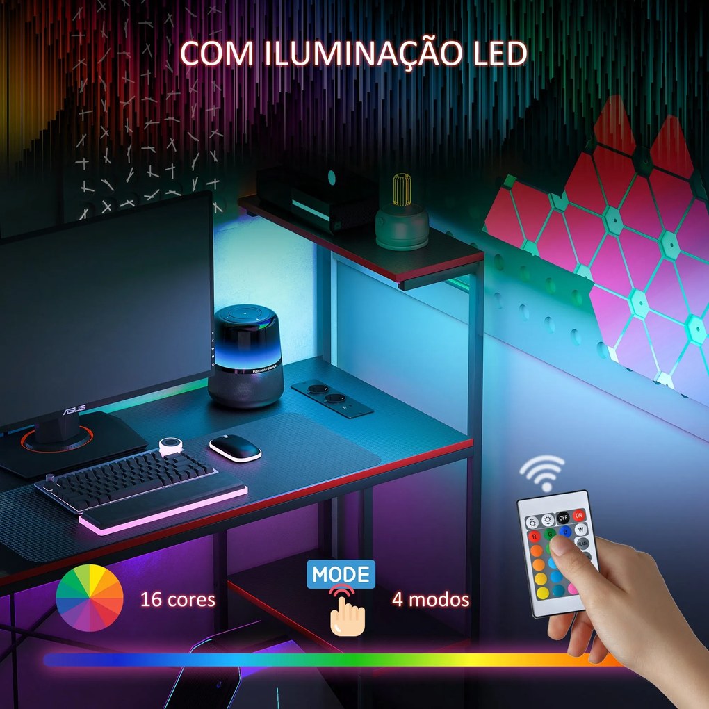 Secretária Gaming com Luzes LED 100x50 cm Secretária Gaming de Fibra d