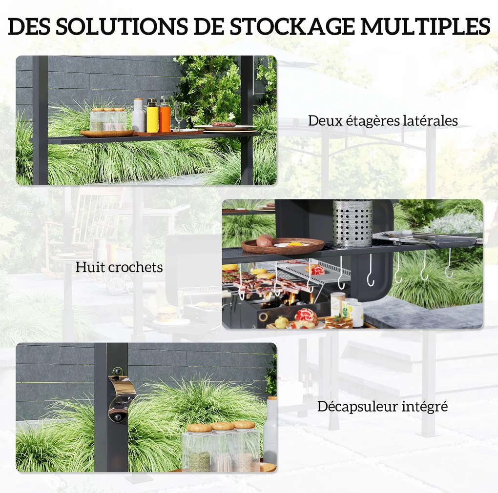 Tenda para churrasco de dois andares com cobertura para jardim e iluminação LED, 240 x 150 x 250 cm(GRELHADOR NÃO INCLUIDO), cinzento escuro