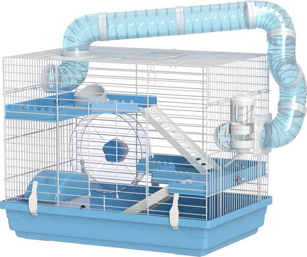 Gaiola portátil para hamster com casinha, roda de exercício, comedouro, garrafa de água, 47,5 x 31,5 x 29,5 cm, azul claro