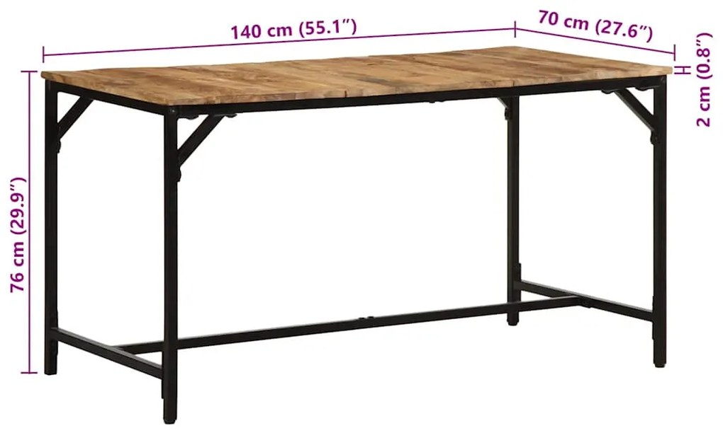 Mesa de jantar 140x70x75 cm madeira de mangueira maciça áspera