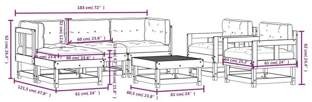 7 pcs conjunto lounge de jardim c/ almofadões pinho impregnado