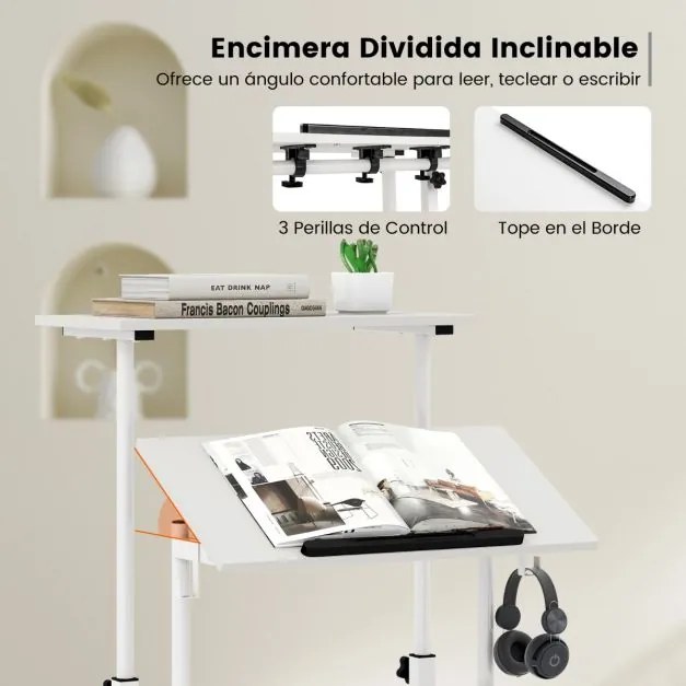 Secretária de pé para computador 60 x 30 x 72-124 cm com rodas Altura ajustável Tampo dividido e ângulo ajustável 2 ganchos Branco